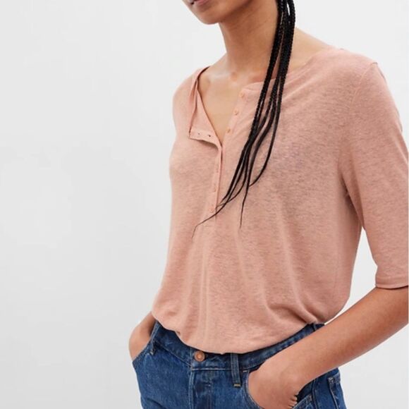 GAP Peach Short Sleeve Relaxed Linen Blend Henley T-Shirt, XXL - Picture 1 of 8